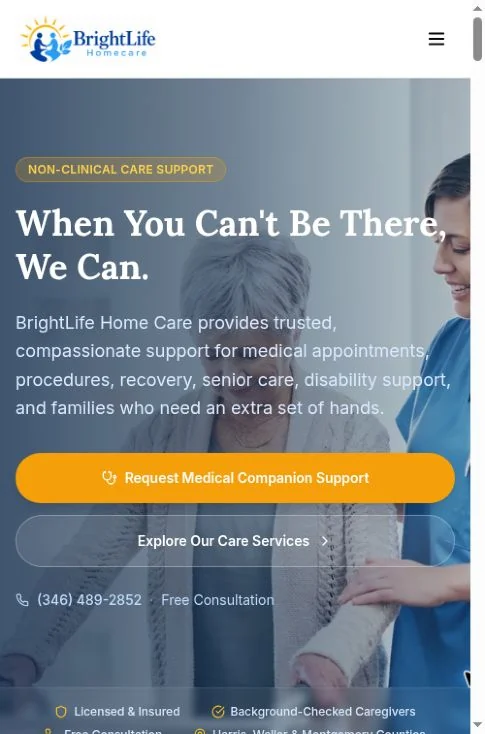 BrightLife Home Care at a narrow browser width, with a menu button and vertically stacked service calls to action.