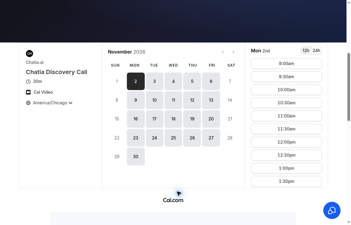 Chatia discovery-call booking calendar showing a 30-minute meeting and available appointment times