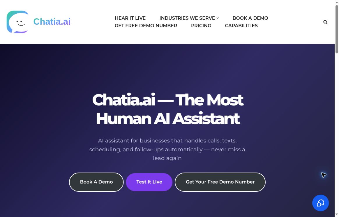 Chatia.ai homepage with a navy and purple hero and three demo calls to action
